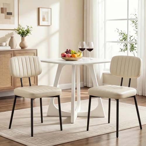 Dining Chairs Set of 2, PU Leather Upholstered Kitchen Chairs | Metal Legs, Mid Century Shell Style Backrest for Dining Living Room, Beige White - color: Beige White, size: Set of 2