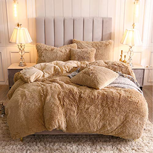 Faux Fur Velvet Fluffy Bedding Duvet Cover Set Down Comforter Quilt Cover with Pillow Sham, Ultra Soft Warm (Twin, Camel) - color: Camel, size: Twin