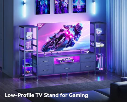 Casaottima TV Stand for 40/50/55 Inch TV, Low-Profile Entertainment Center with LED Lights & Power Outlets, TV Stand with Drawers & Open Shelves for Storage for Small Spaces/Living Room/Gaming, Black - size: 71 Inch