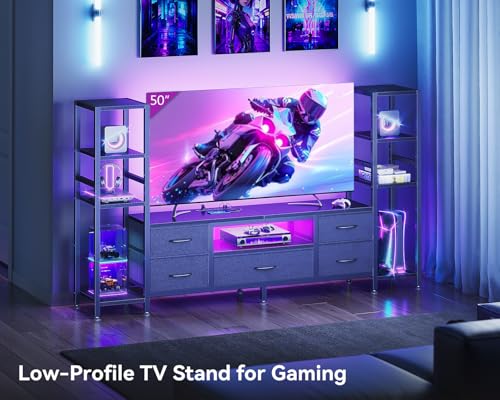 Casaottima TV Stand for 40/50/55 Inch TV, Low-Profile Entertainment Center with LED Lights & Power Outlets, TV Stand with Drawers & Open Shelves for Storage for Small Spaces/Living Room/Gaming, Black - size: 71 Inch