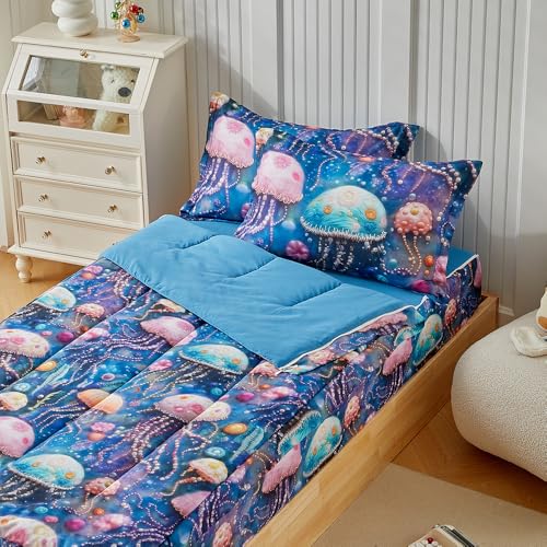 Kids Zipper Bedding Set for Girls and Boys, 3pcs Jellyfish Comforter Set Twin with Fitted Sheet and Pillowcases, All in One Zipper Bed in a Bag Super Soft Microfiber Lightweight, Pink Blue - color: Jellyfish Blue, size: Twin-3pieces