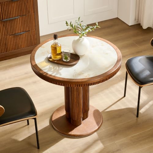 33.07 inch Mid-Century Round Dining Table for 2-4 People, 9mm Sintered Stone Recessed Tabletop, Solid Wood Reinforced MDF Frame, Compact Circular Bistro Table for Kitchen Dining Room - color: 33.07 Inch Walnut