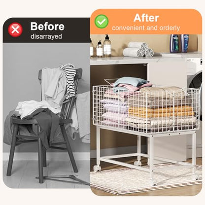 Large Rolling Laundry Basket Cart,Wire Laundry Hamper Cart with Handle and Wheels,White High Laundry Hamper for Laundry Room,Bedroom and Bathroom-120L White (29.5"L*19.7"W*27.95"H inch) - style: Large Oblong-White