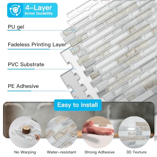 Art3d 10-Sheet Heavy-Duty Peel and Stick Backsplash, Waterproof Wall Tiles Stick on Kitchen Backsplash Living Space, Beige & White (Pack of 4) - color: Beige & White, size: 12 x 12 Inch (Pack of 4)