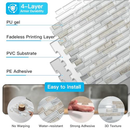 Art3d 10-Sheet Heavy-Duty Peel and Stick Backsplash, Waterproof Wall Tiles Stick on Kitchen Backsplash Living Space, Beige & White (Pack of 4) - color: Beige & White, size: 12 x 12 Inch (Pack of 4)