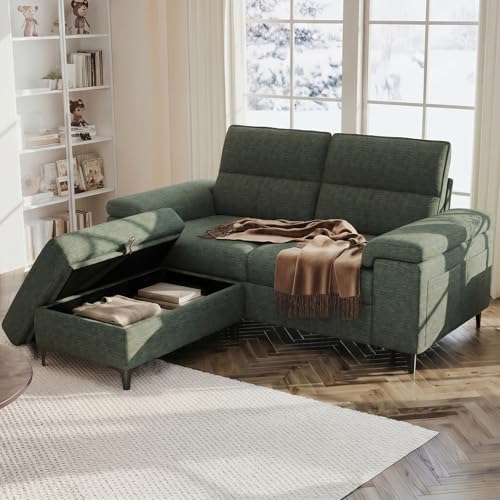 71.25" L Shaped Sectional Couches Deep Seat Sofa for Living Room(Green) | Big Storage Ottoman & 8”Cushion, Comfy 2-Seater Chenille Loveseat, Convertible Armrest, Removable Cover for Small Space - color: Green, size: 71.25" Couch & Ottoman