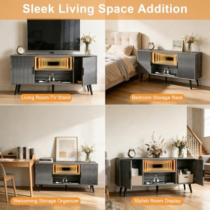 Lightdot 55" Fluted Small Gery TV Stand with Outlet & Fireplace Light | Media Console with Storage, Mid Century Cabinet Fits 55-65" TV, for Living Room/Bedroom/Sofa Cabinet,Easy Assembly - color: Gray-mirror/55"