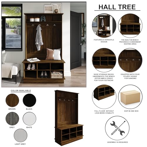 Entryway Hall Tree with Bench and 6 Storage Cubbies, White - color: White