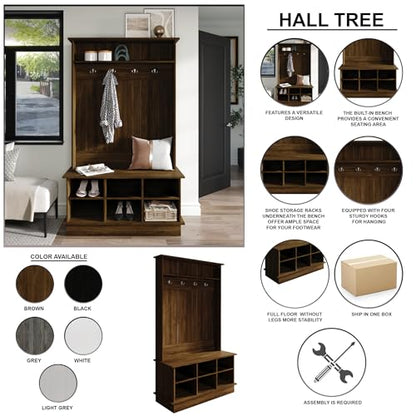 Entryway Hall Tree with Bench and 6 Storage Cubbies, White - color: White