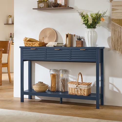 LEYAOYAO 47.2" Fluted Console Table with 3 Drawers, Blue Entryway Table | Modern Wood 2 Tier Entry Table, with Open Storage Shelf, Farmhouse Sofa Table Behind Couch, for Living Room, Hallway, Foyer - color: Dark Navy Blue