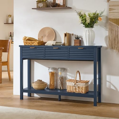 LEYAOYAO 47.2" Fluted Console Table with 3 Drawers, Blue Entryway Table | Modern Wood 2 Tier Entry Table, with Open Storage Shelf, Farmhouse Sofa Table Behind Couch, for Living Room, Hallway, Foyer - color: Dark Navy Blue