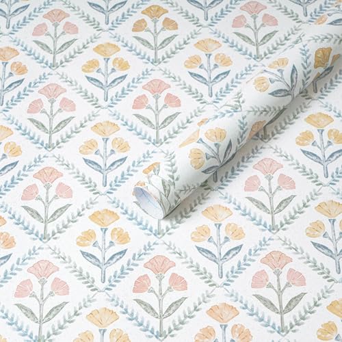 17.3''x78.7'' Peel and Stick Wallpaper Floral Boho Contact Paper Cute Vintage Village Wallpaper Farmhouse White Blue Renter Friendly Geometry Grid Waterproof Embossed Kitchen Bedroom Vinyl - color: Yellow&Blue, size: 17.3" x 78.7"