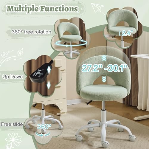 VINGLI Small Vanity Chair with Faux Fur Wheels for Girls,Cute Adjustable Height Armless Office Desk Chair,360°Swivel Comfy Rolling for Study,Make up Room,Small Space,Mint Green - color: Furry Mint Green