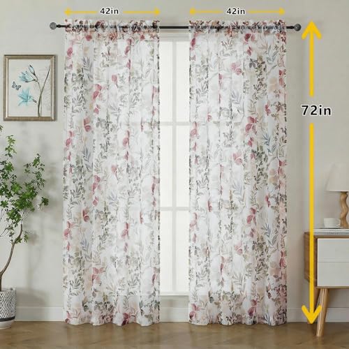 Crushed Semi Sheer Curtains 72 Inch Length 2 Panels, Printing Floral Pattern Rod Pocket Light Filtering Farmhouse Curtains for Bedroom Living Room, 2 Pieces 84 Inch Wide, Purple, 72 inch Long - color: Purple/Multi, size: 42"W x 72"L (Pack of 2)