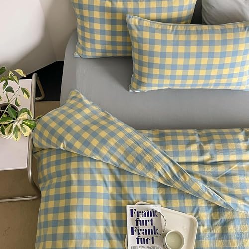 mixinni Plaid Duvet Cover Set Twin Yellow - Soft Washed Cotton Modern Geometric Bedding Set with 2 Pillowcases, Blue Green Gingham Grid Twin Duvet Cover for Men & Women, Soft & Lightweight - color: 04 - Yellow/Blue Plaid, size: Twin