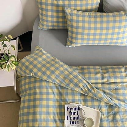 mixinni Plaid Duvet Cover Set Twin Yellow - Soft Washed Cotton Modern Geometric Bedding Set with 2 Pillowcases, Blue Green Gingham Grid Twin Duvet Cover for Men & Women, Soft & Lightweight - color: 04 - Yellow/Blue Plaid, size: Twin