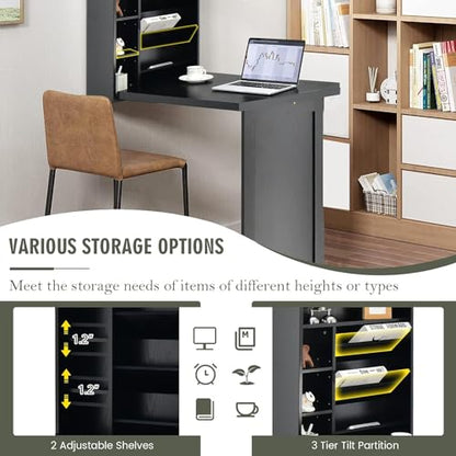 Wall Mounted Desk, Wood Collapsible Floating Desk, Convertible Computer Desk with Storage Area, Hanging Fold Out Table for Home Office, Small Spaces (Black) - color: Black