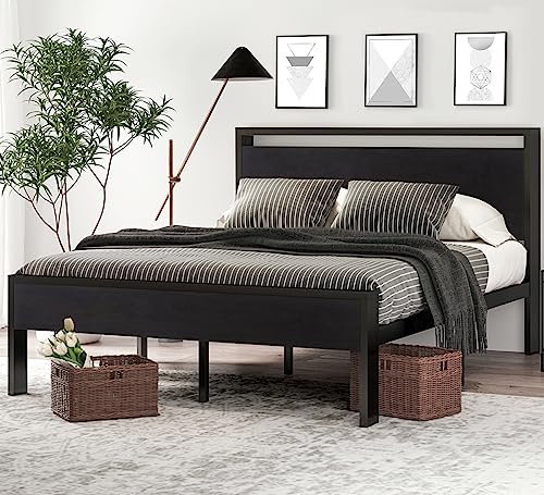 SHA CERLIN 14 Inch Queen Size Metal Platform Bed Frame with Wooden Headboard and Footboard, Mattress Foundation, No Box Spring Needed, Large Under Bed Storage, Non-Slip Without Noise, Black Oak - color: Black Oak, size: Queen