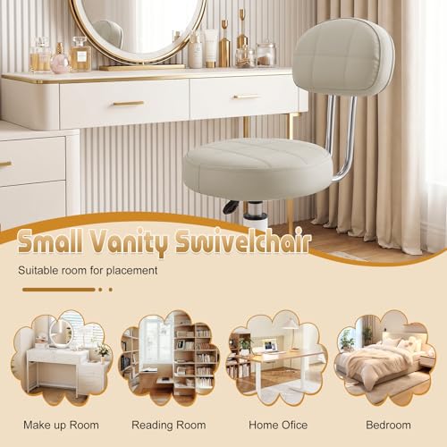 Small Armless Office Desk Chair with Back, Faux Leather Vanity Chair with Wheels - Height Adjustable, 360° Swivel, Ergonomic Rolling Computer Stool for Home Bedroom Office Beige