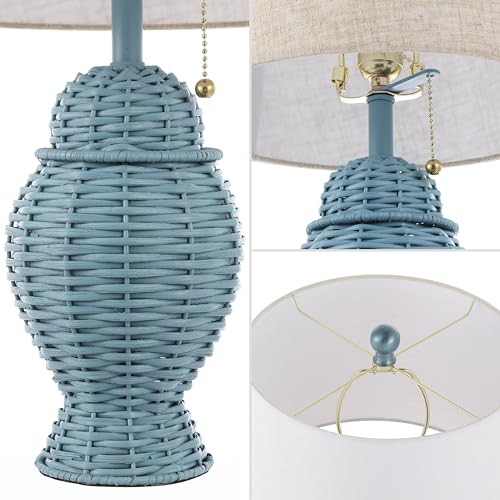 JONATHAN Y 20.5" Wicker Table Lamp, Blue with Beige Shade, Set of 2 | Margie Bohemian Rustic Farmhouse Coastal Urn Rattan Metal, Pull Chain Switch, Linen, LED Bulbs Included - color: Blue