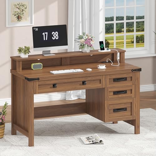 47" Farmhouse Computer Desk with 4 Drawers for Home Office, Bedroom | Executive Desk with Power Outlets, Home Office Desk with Monitor Stand & Drawers, Small Desk Writing Study Table, Brown - color: Brown