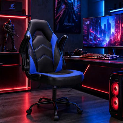 Sweetcrispy Computer Desk Chair, Lumbar Support Video Game Chair PU Leather | PU Leather Flip-up Armrest, Height Adjustable, 360 Swivel for Adults, Black Blue - color: Black Blue