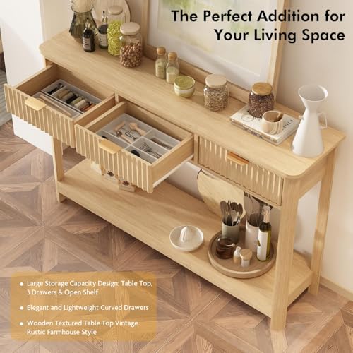 RUSTOWN Fluted Wood Console Table with 3 Drawers, 47.2" Boho Entryway Table | Narrow Behind Couch Sofa Table, Open Storage Shelf, Curved legs, 2 Tier Modern Farmhouse Hallway Table for Living Room, Foyer - color: Natural Wood