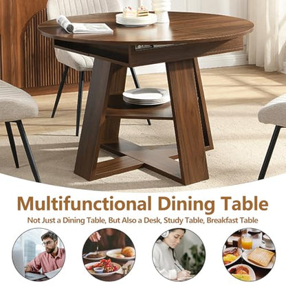 Modern Round Dining Table for 4-8, 43-59" Extendable Oval Dining Table with Leaf, Kitchen Table with Storage Shelf & Wood Cross Base, Circle Tables for Living Room Kitchen, Space Saving (Walnut) - color: Walnut