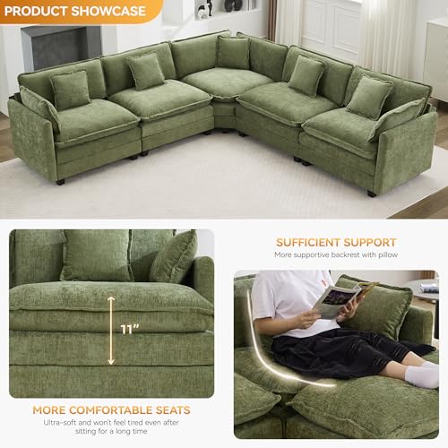 113'' V Shaped Cloud Sectional Sofa, Oversized Deep Seat Couches for Living Room, Chenille Comfy Upholstered Modular Sectional Sofa Couch, Green - color: Green, size: 113'' V Shape