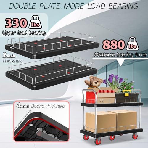 Utility Service Cart 2 Shelf - 880lbs Capacity Heavy-Duty Plastic Rolling Utility Carts with 5 of 360° Swivel Wheels and Handle, Large Service Cart for Groceries, Warehouse,Garage 43.5''x25.6'' - color: 880lbs