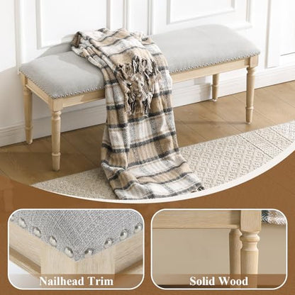 46'' French Country Entryway Bench Wooden Linen Fabric Upholstered Seat Dinng Bench with Nailhead Trim for Hallway End of Bed, Grey - color: Linen, Grey, Nailhead Trim
