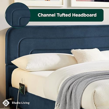 Studio Living® Adaline Upholstered Bed, Full Size, USB A + C Power, Storage Sleeve, Velvet Fabric, Navy - color: Navy, size: Full