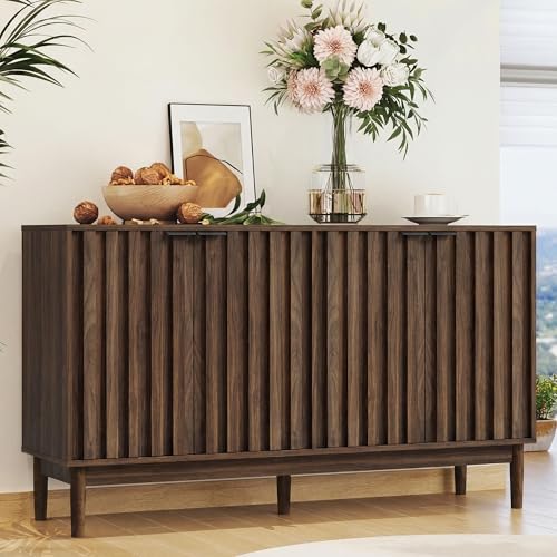 Otterease Fluted Cabinet with Storage, Small Buffet Cabinet Sideboard with Door, Kitchen Buffet Storage Accent Cabinets with Adjustable Shelves for Living Room, Entry, Hallway, Walnut - color: Walnut, size: 15.8"D x 55.1"W x 31.9"H
