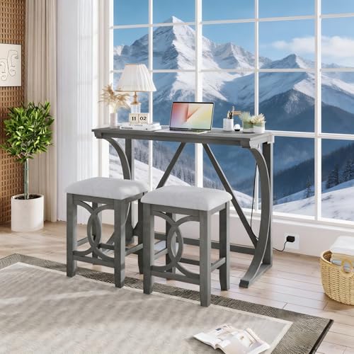 RuiSiSi 3 Piece Counter Height Dining Set, Farmhouse Kitchen Table Set with USB Port and 2 Upholstered Stools, Breakfast Nook Set for Kitchen, Dining Room, Living Room, Grey - color: Grey