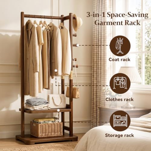 Coat Rack Solid Wood Hall Tree Storage 2 Shelves 5 Hooks | Hallway bedroom living room, durable wood construction, freestanding organizer design, coats hats wallets garments - size: Walnut - S (18.1''L×12.6''W×64.5''H)
