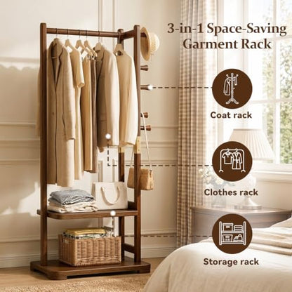 Coat Rack Solid Wood Hall Tree Storage 2 Shelves 5 Hooks | Hallway bedroom living room, durable wood construction, freestanding organizer design, coats hats wallets garments - size: Walnut - S (18.1''L×12.6''W×64.5''H)