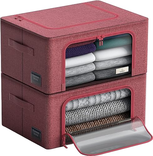 Sorbus Storage Bins with Metal Frame - Stackable & Foldable Clothes Organizer Bags - Oxford Fabric Storage Containers with Large Clear Window & Carry Handles, Bedroom Organization for Bedding & Linen - color: Pink, size: 2 Pack