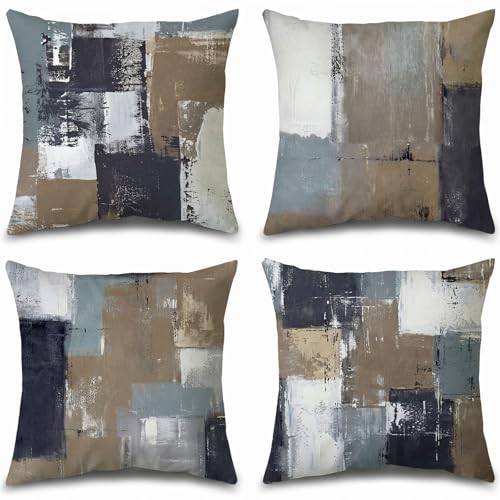 Brown Grey Abstract Throw Pillow Covers 16x16 Set of 4 | Brown, Grey & Taupe Modern‑Art Cushion Cases, neutral aesthetic pillowcases for sofa, bedroom & chair - color: Earth Tone Brown and Blue Grey, size: 16" x 16" (Pack of 4)