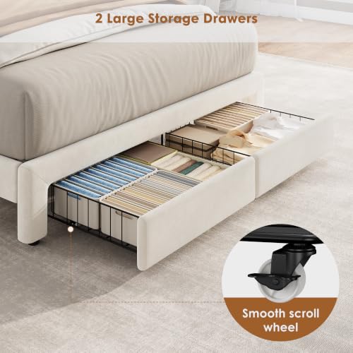 Garvee Full Size Bed Frame with Storage, Velvet Upholstered Platform Bed Frame with Crystal Tufted Headboard, Charging Station, 2 Drawers, No Box Spring Needed, Noise-Free,for Bedroom, Ivory | Velvet Upholstered Platform Bed Frame with Crystal Tufted Head