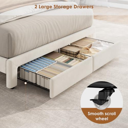 Garvee Full Size Bed Frame with Storage, Velvet Upholstered Platform Bed Frame with Crystal Tufted Headboard, Charging Station, 2 Drawers, No Box Spring Needed, Noise-Free,for Bedroom, Ivory | Velvet Upholstered Platform Bed Frame with Crystal Tufted Head