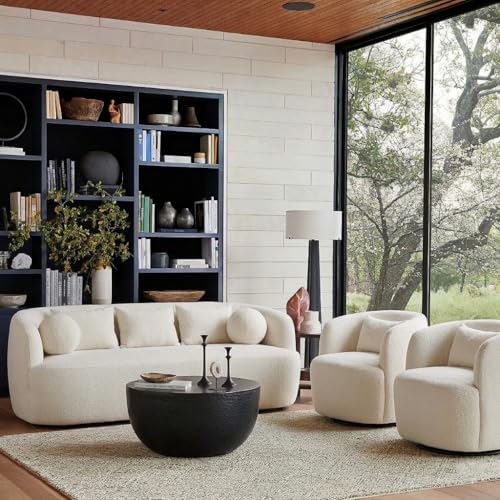 KINWELL 85" Boucle Upholstered Sofa with 2 Swivel Barrel Chairs, Beige | No Assembly Sherpa Living Room Furniture Sets, 3-Seater Couch Settee and Accent Chairs Armchairs for Small Spaces Apartment - color: Beige, size: Sofa + 2 Chairs