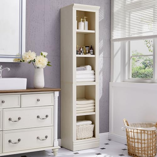 JAHRSTIM Halston 5-Tier Tall Narrow Slim Bookshelf Shelving Unit Cream | Storage, book shelf, shelves, closet organizer, bathroom, library, living room, home office, bedroom, 15.75 x 14 x 72.5 inch - color: Cream, size: Narrow w/o Doors