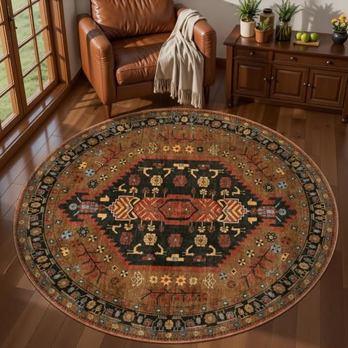 Ciicool 5ft Round Area Rug for Bedroom,Washable Soft Circle for Kitchen | Vintage Non-Slip Low-Pile Oriental Indoor Mat Boho Entry Carpet for Entryway Bedside Living Room Laundry Bathroom Dining Room - color: Red/Gold, size: 5' (Round)