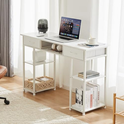 DUMOS 48-Inch Computer Desk with Drawers and Hook, White | Home Office Desk for Bedroom, Gaming Writing Study Desk with Adjustable Feet - color: White, size: 48-In