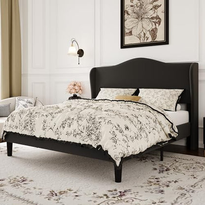 SHA CERLIN Full Size Bed Frame with Curved Wingback Headboard, Soft Black | Modern Luxury Design Velvet Platform Bed with Sturdy Wooden Slats,Noise-Free, No Box Spring Needed, Easy Assembly - color: Soft Black, size: Full