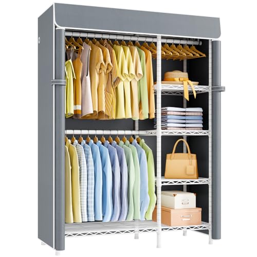 F2C Clothes Rack with Cover, White Closet with Gray Cover | Clothing Racks for Hanging Clothes, Heavy Duty Garment Rack with Shelves, 47.2"W x 16.5"D x 78.3"H, Load 630lbs - color: White Closet with Gray Cover