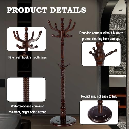 Coat Racks FreeStanding with 11 Hooks, Natural Wood Coat Rack with Solid Round Base, Adjustable Height Coat Racks, Easy Assembly for Hallway, Bedroom and Office (Walnut-Solid Round Base) - color: Walnut-Solid Round Base