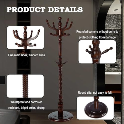 Coat Racks FreeStanding with 11 Hooks, Natural Wood Coat Rack with Solid Round Base, Adjustable Height Coat Racks, Easy Assembly for Hallway, Bedroom and Office (Walnut-Solid Round Base) - color: Walnut-Solid Round Base