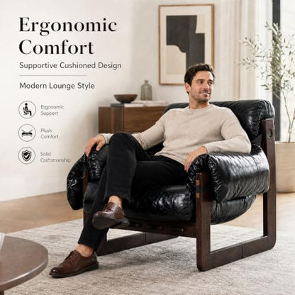 Modern Leather Accent Chair, Mid Century Reading Chair with Solid Wood Frame and Removable Padded Armrests, Upholstered Armchair with Soft Cushion for Bedroom Balcony Lounge Reading Room, Retro Black - color: Pu Leather-black