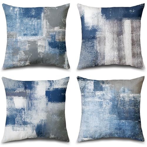 Set of 4 Blue and Grey Abstract Art Artwork Pillow Cover 18 x 18 Inch, Gallery Modern Decorative Throw Pillows Cushion Cover for Bedroom Sofa Living Room | Double-sided vibrant artwork accent cushion covers. Perfect decorative pillows for couch, sofa, bed